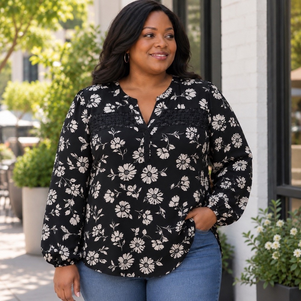 Maurices Black Floral Crochet Lace V-Neck Blouse XXL Long Sleeve Boho Top